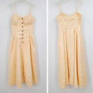 Wang Hanyan French Floral Embroidered Beige / Champagne Buttoned Midi Dress